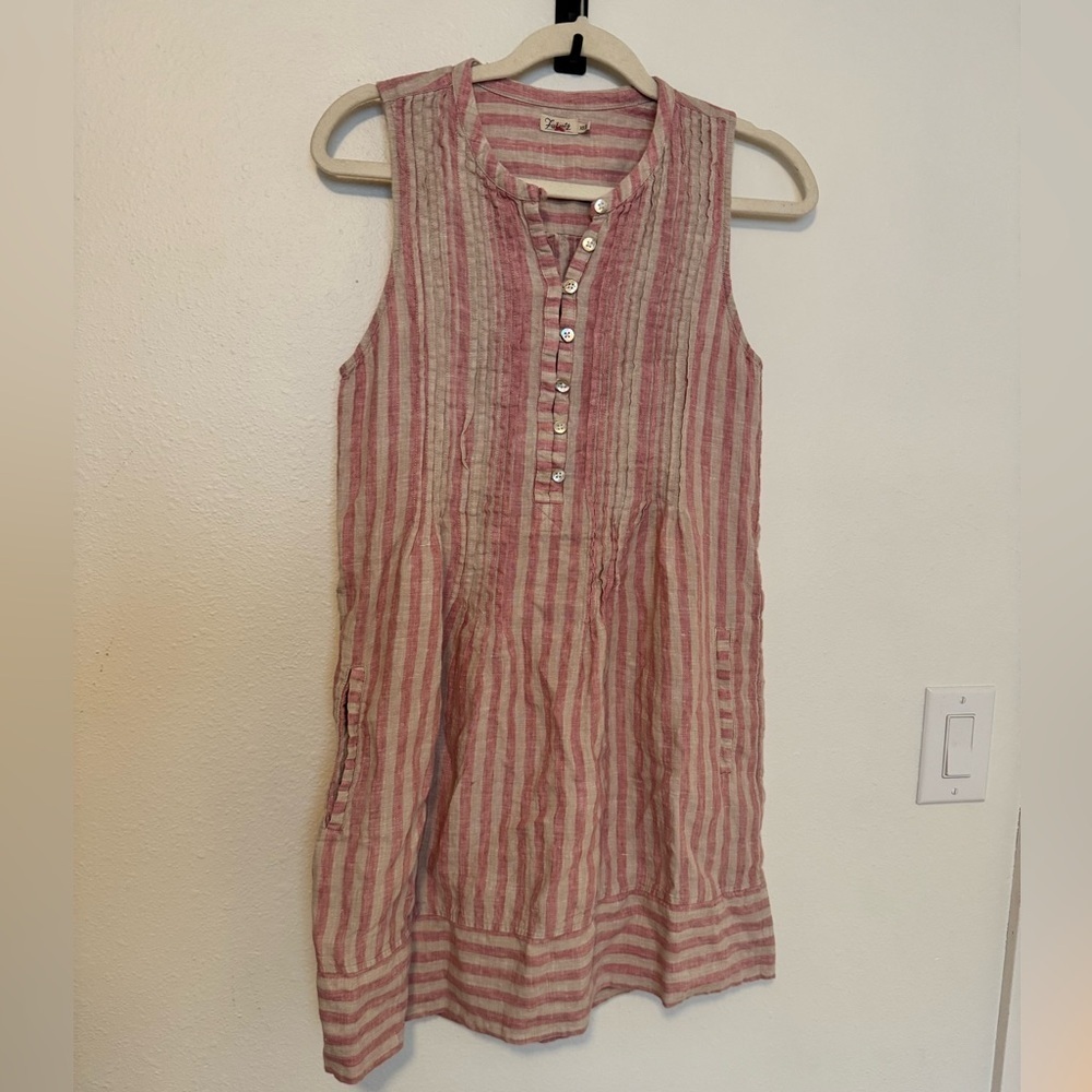 Faherty Isha Striped Mini Dress Tank 100% Linen Pink White Pockets Size XS EUC - Picture 4 of 11